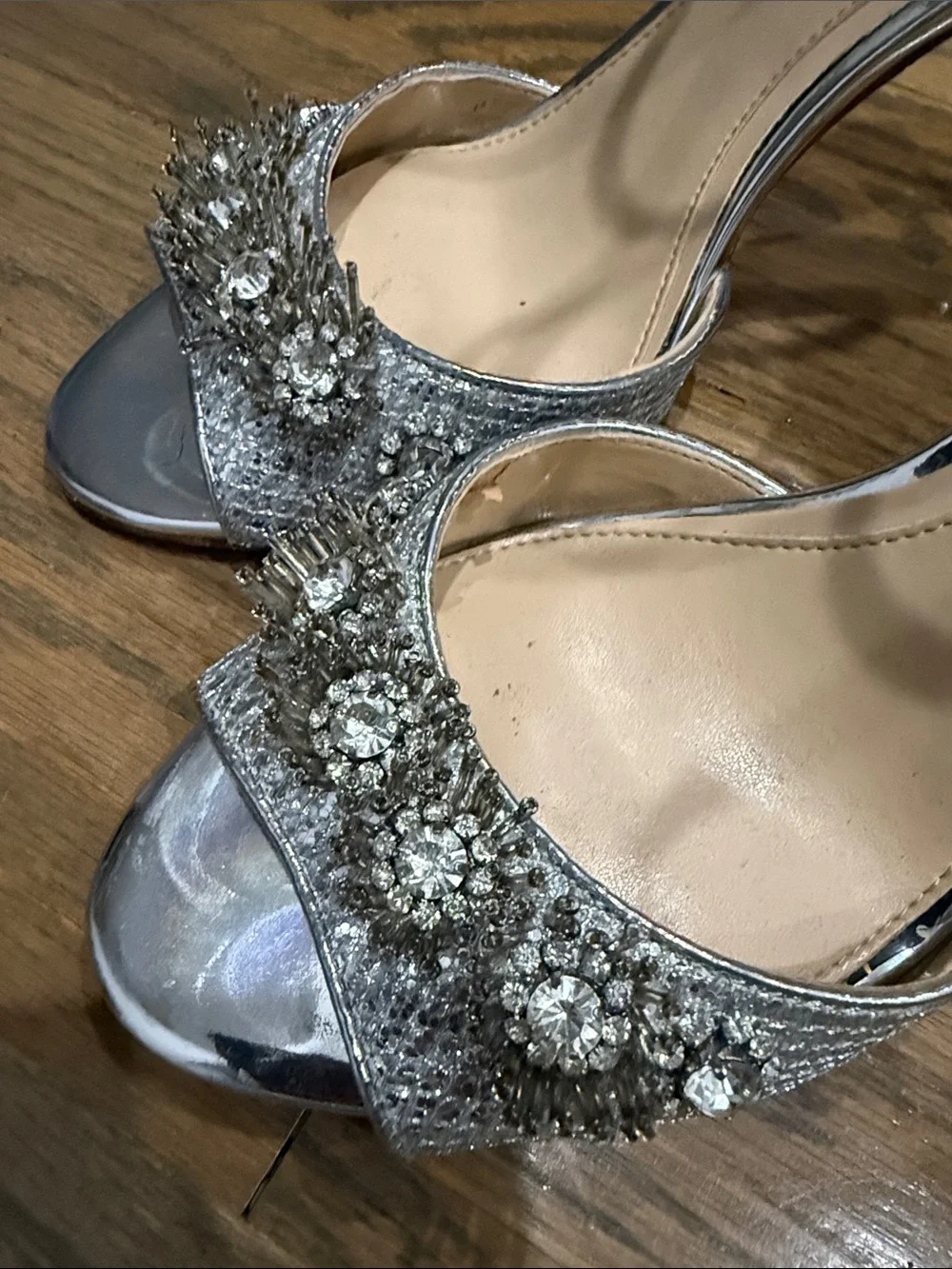 Imagine Vince Camuto Silver Embellished Ankle-Strap Heels with Crystal Detail